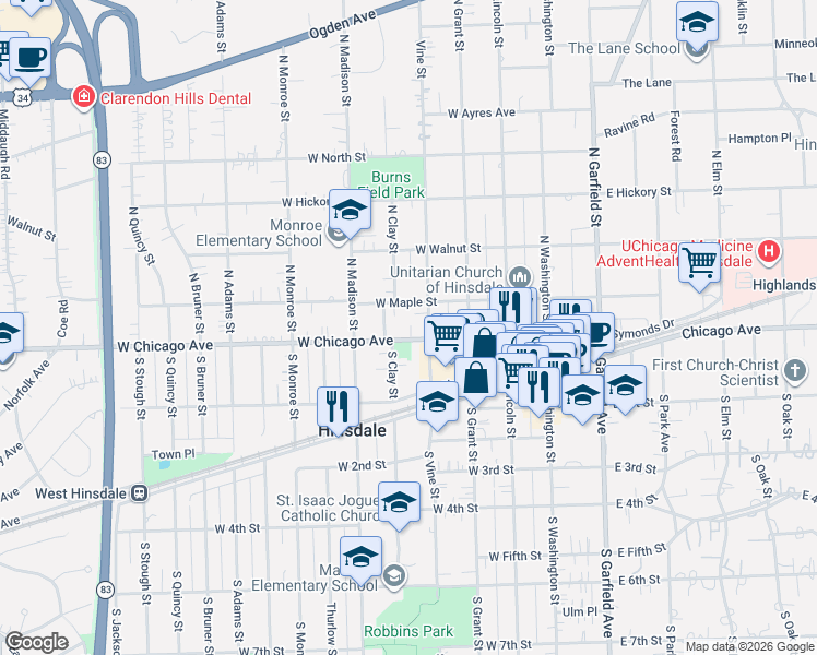 map of restaurants, bars, coffee shops, grocery stores, and more near 4 North Vine Street in Hinsdale