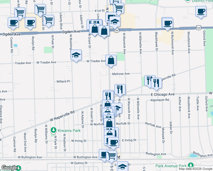 map of restaurants, bars, coffee shops, grocery stores, and more near 313 North Lincoln Street in Westmont