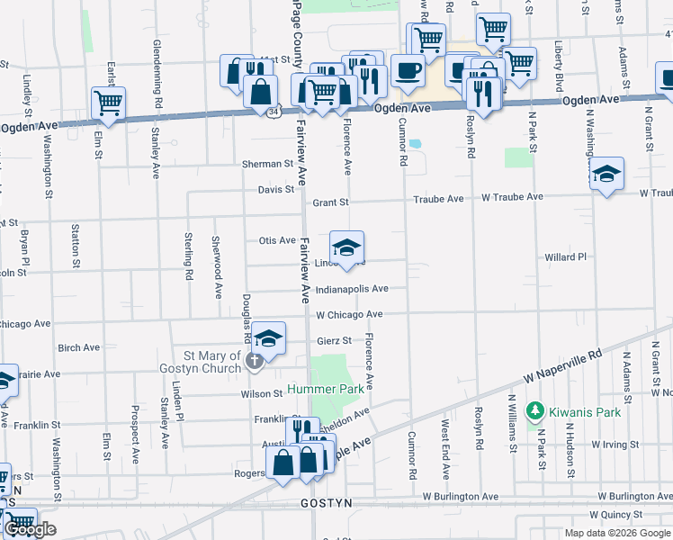 map of restaurants, bars, coffee shops, grocery stores, and more near 236 Indianapolis Avenue in Downers Grove