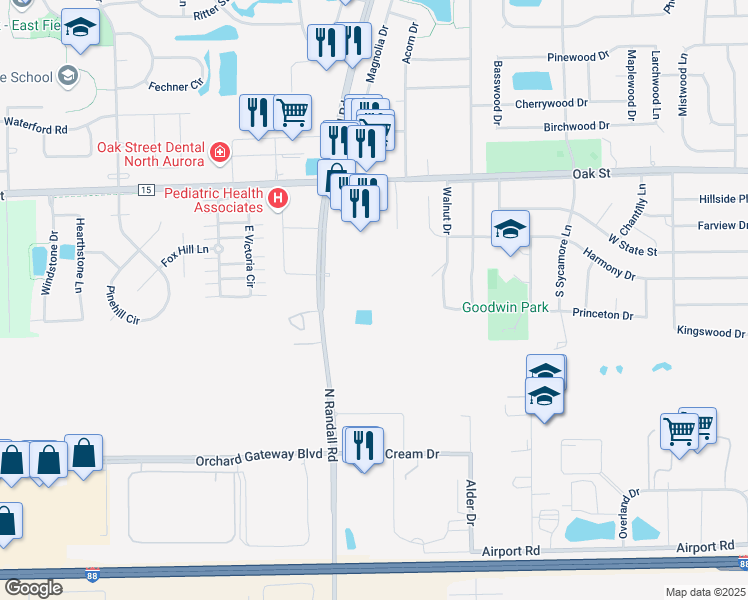 map of restaurants, bars, coffee shops, grocery stores, and more near 847 Staghorn Lane in North Aurora
