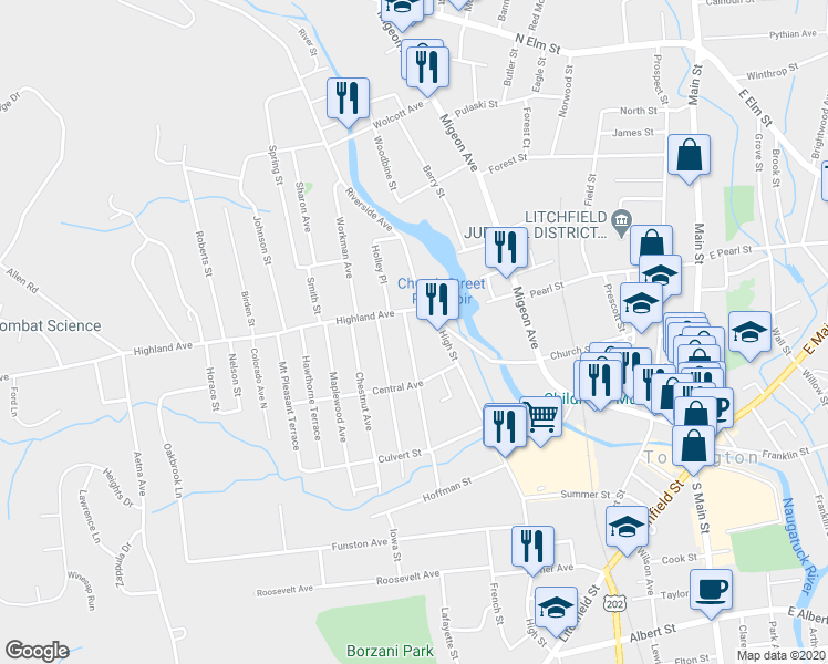 map of restaurants, bars, coffee shops, grocery stores, and more near 27 Washington Avenue Extension in Torrington