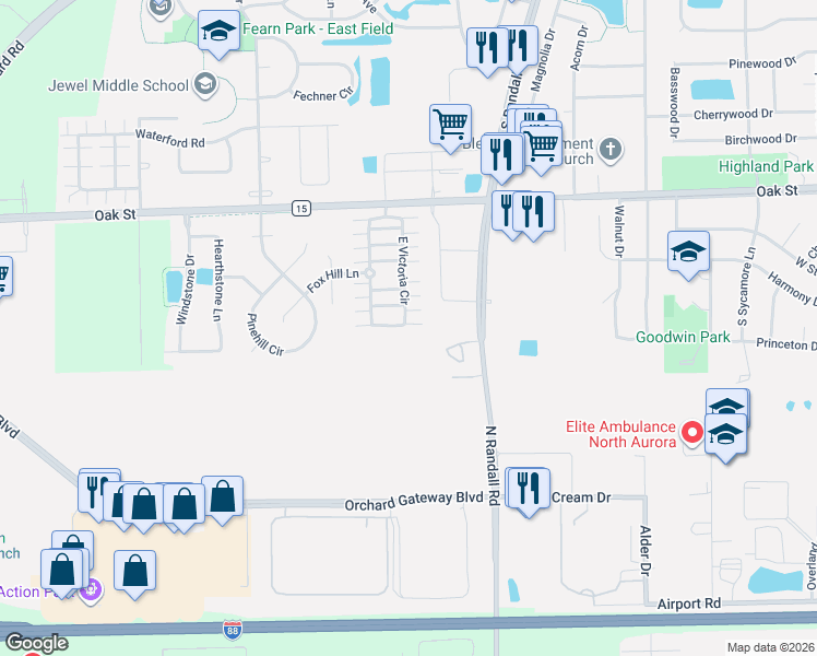 map of restaurants, bars, coffee shops, grocery stores, and more near 808 East Victoria Circle in North Aurora
