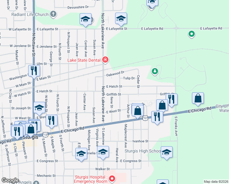 map of restaurants, bars, coffee shops, grocery stores, and more near 1013 Griffith Street in Sturgis