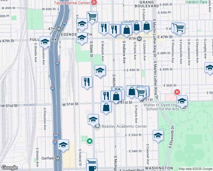 map of restaurants, bars, coffee shops, grocery stores, and more near 5011 South Wabash Avenue in Chicago