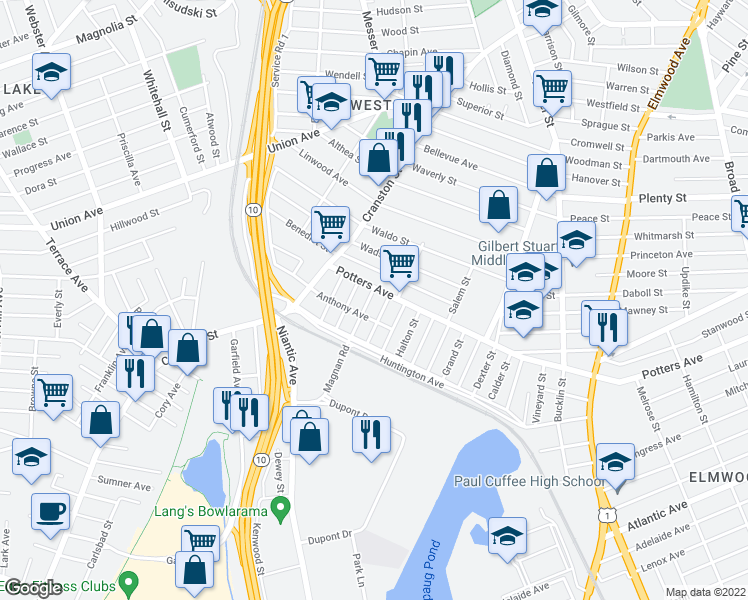 map of restaurants, bars, coffee shops, grocery stores, and more near 10 Noyes Avenue in Providence