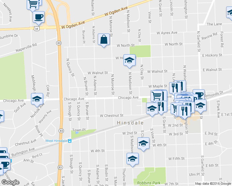 map of restaurants, bars, coffee shops, grocery stores, and more near 15 N Monroe St in Hinsdale
