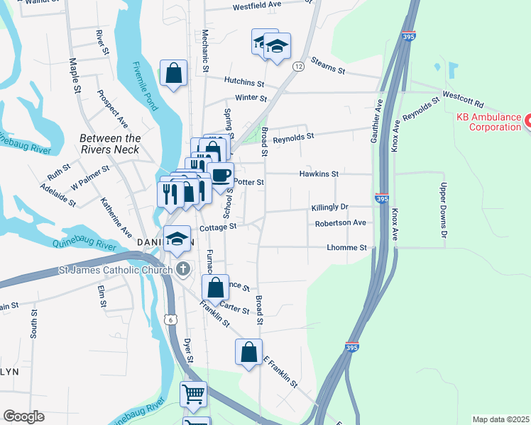 map of restaurants, bars, coffee shops, grocery stores, and more near Broad Street & Killingly Drive in Killingly
