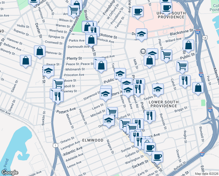 map of restaurants, bars, coffee shops, grocery stores, and more near 182 Reynolds Avenue in Providence