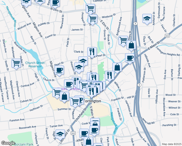 map of restaurants, bars, coffee shops, grocery stores, and more near 155 Main Street in Torrington