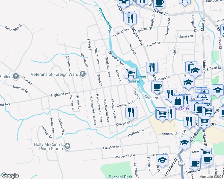 map of restaurants, bars, coffee shops, grocery stores, and more near 97 Highland Avenue in Torrington