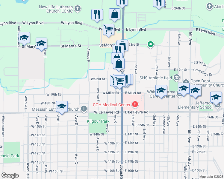 map of restaurants, bars, coffee shops, grocery stores, and more near 301 West Miller Road in Sterling