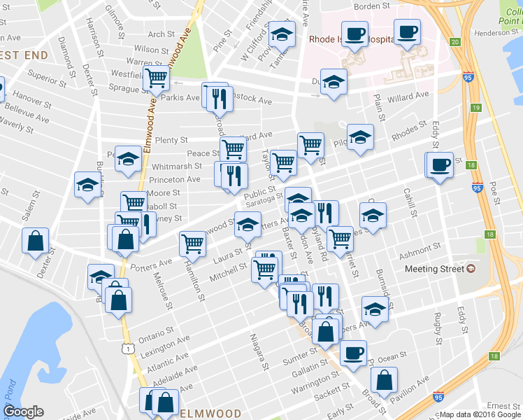 map of restaurants, bars, coffee shops, grocery stores, and more near 182 Reynolds Avenue in Providence