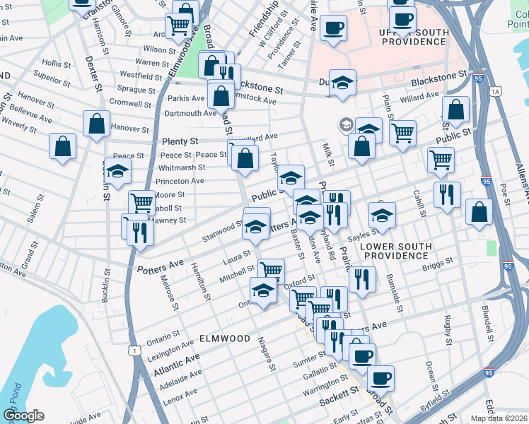 map of restaurants, bars, coffee shops, grocery stores, and more near 182 Reynolds Avenue in Providence