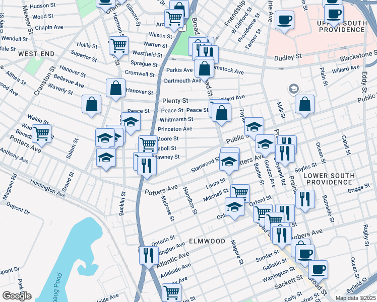 map of restaurants, bars, coffee shops, grocery stores, and more near 4 Mawney Street in Providence
