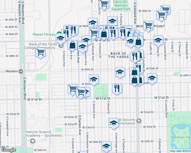 map of restaurants, bars, coffee shops, grocery stores, and more near 4947 South Wolcott Avenue in Chicago