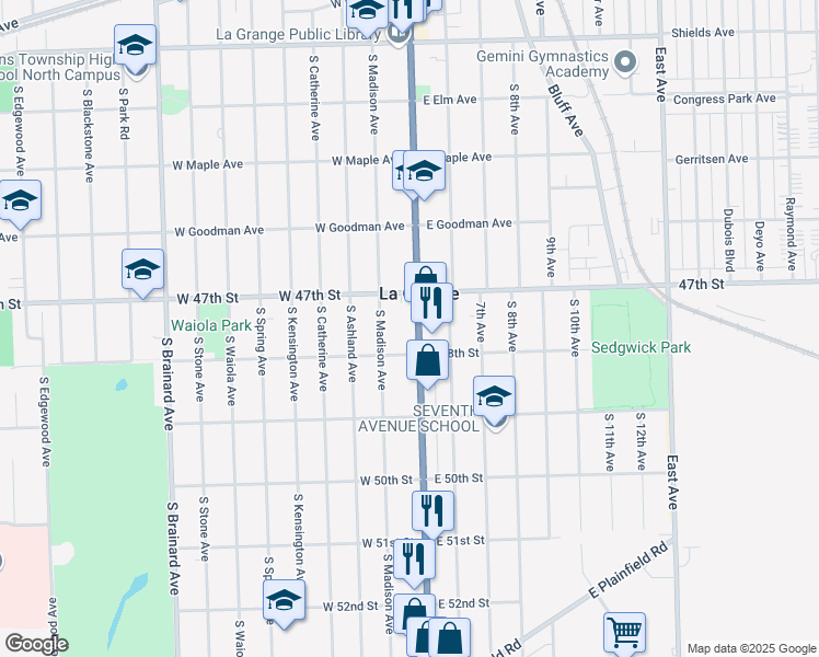map of restaurants, bars, coffee shops, grocery stores, and more near 542 LaGrange Road in La Grange