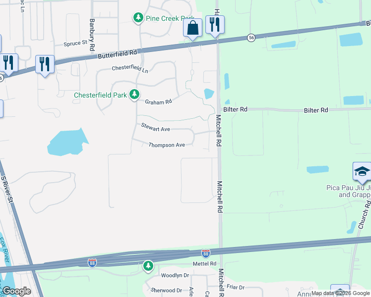 map of restaurants, bars, coffee shops, grocery stores, and more near 732 Thompson Avenue in North Aurora