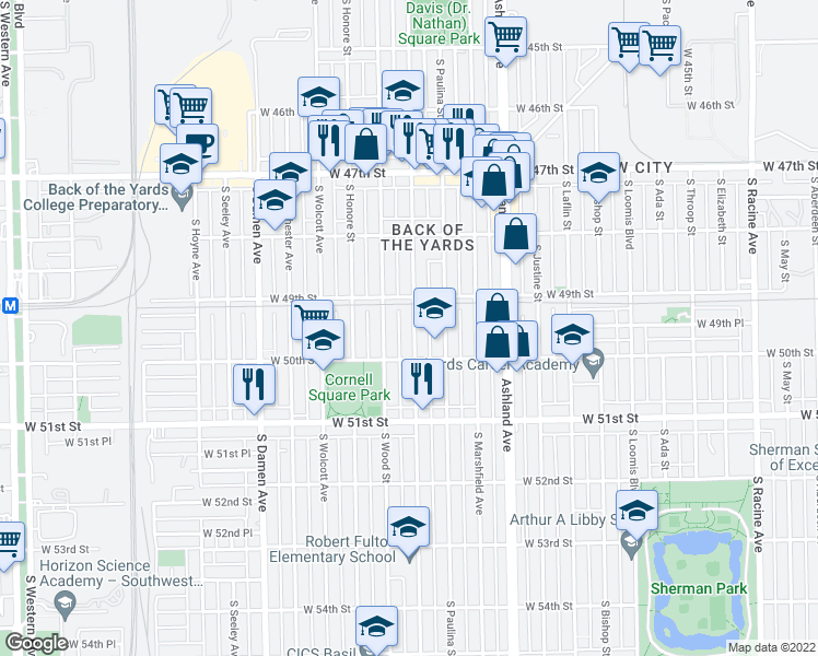 map of restaurants, bars, coffee shops, grocery stores, and more near 4930 South Hermitage Avenue in Chicago