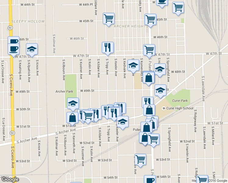 map of restaurants, bars, coffee shops, grocery stores, and more near 4900 South Keeler Avenue in Chicago