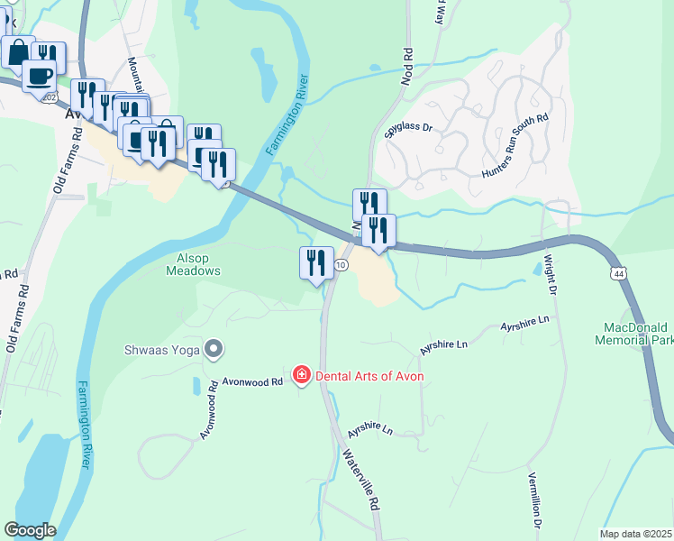 map of restaurants, bars, coffee shops, grocery stores, and more near 19 Waterville Road in Avon