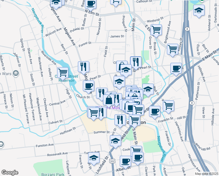 map of restaurants, bars, coffee shops, grocery stores, and more near 128 Church Street in Torrington