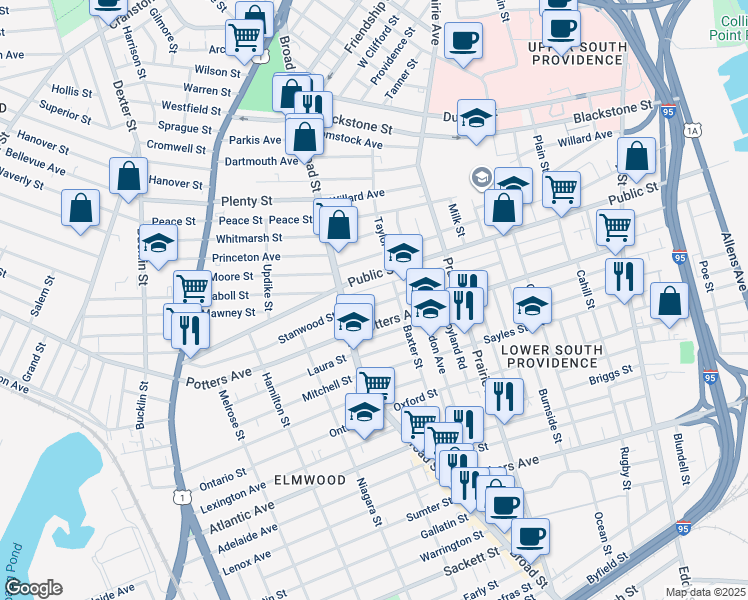map of restaurants, bars, coffee shops, grocery stores, and more near 182 Reynolds Avenue in Providence