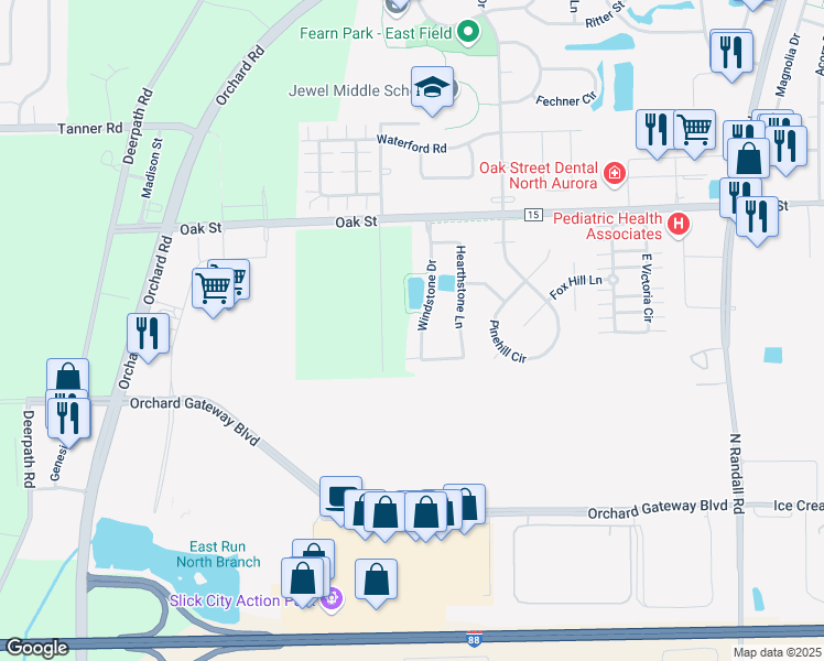 map of restaurants, bars, coffee shops, grocery stores, and more near 1585 Hearthstone Lane in North Aurora
