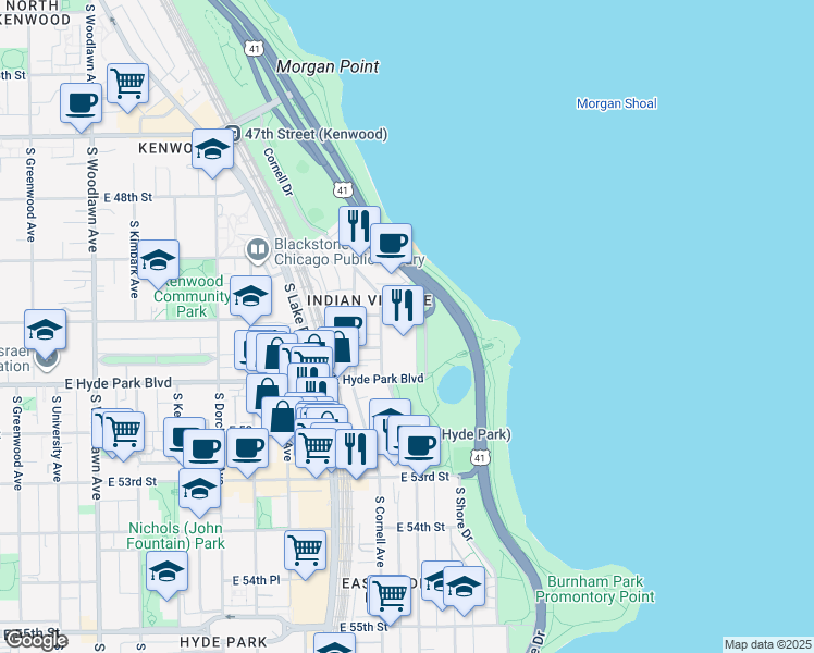 map of restaurants, bars, coffee shops, grocery stores, and more near 1649 East 50th Street in Chicago