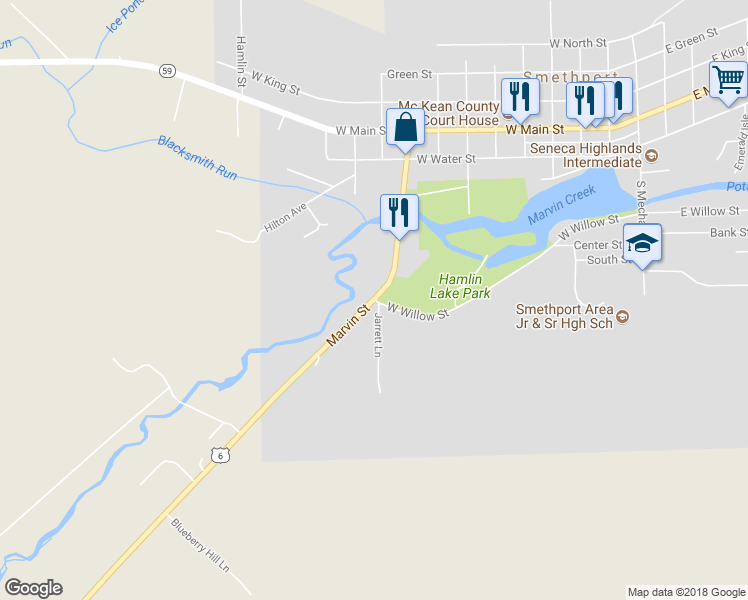 map of restaurants, bars, coffee shops, grocery stores, and more near 500 Marvin Street in Smethport