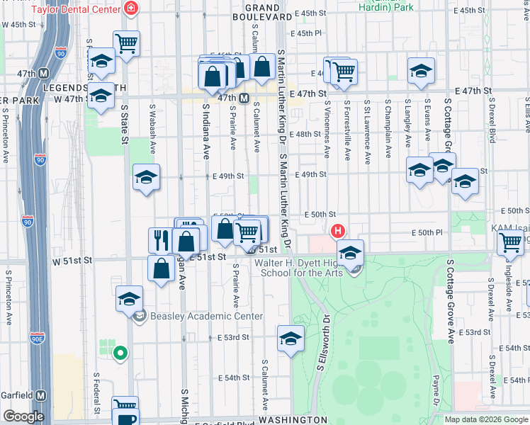 map of restaurants, bars, coffee shops, grocery stores, and more near 5010 South Calumet Avenue in Chicago