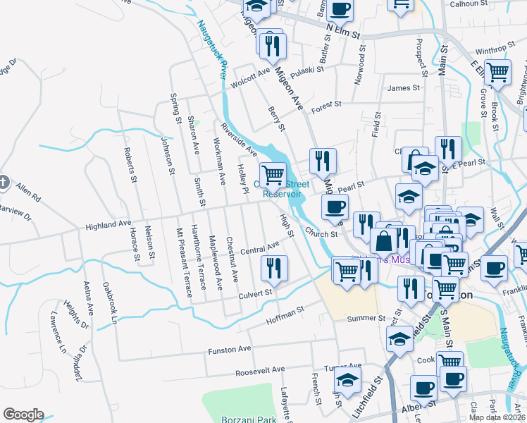 map of restaurants, bars, coffee shops, grocery stores, and more near 21 Washington Avenue in Torrington