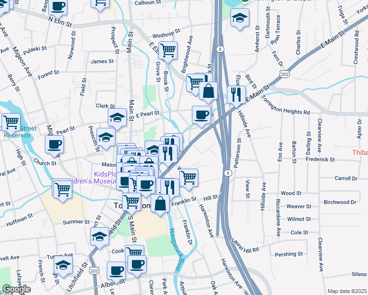 map of restaurants, bars, coffee shops, grocery stores, and more near 240 East Main Street in Torrington