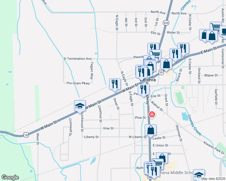 map of restaurants, bars, coffee shops, grocery stores, and more near 270 West Main Street in Geneva