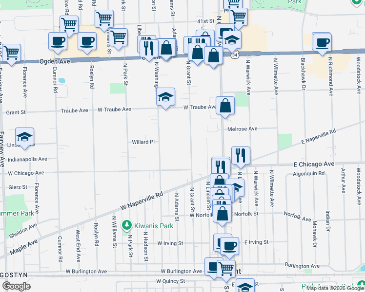 map of restaurants, bars, coffee shops, grocery stores, and more near 314 North Grant Street in Westmont