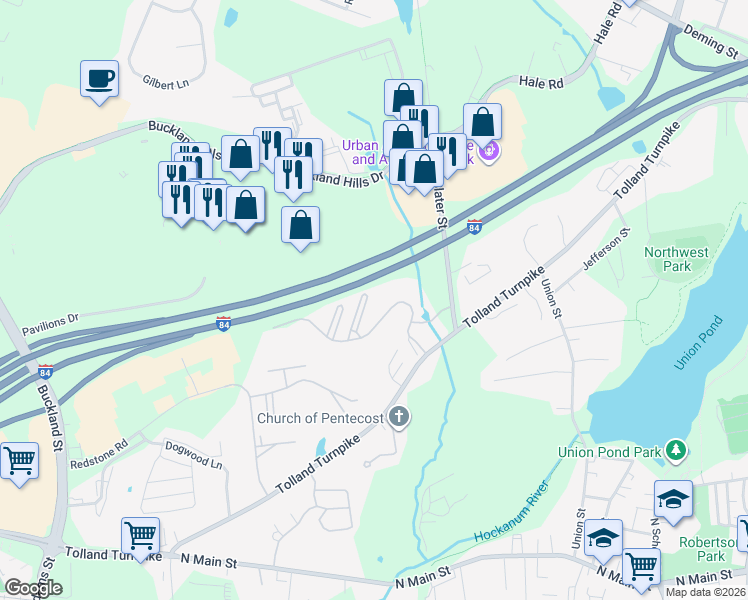 map of restaurants, bars, coffee shops, grocery stores, and more near 115 John Olds Drive in Manchester