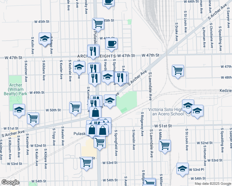 map of restaurants, bars, coffee shops, grocery stores, and more near 4944 South Archer Avenue in Chicago