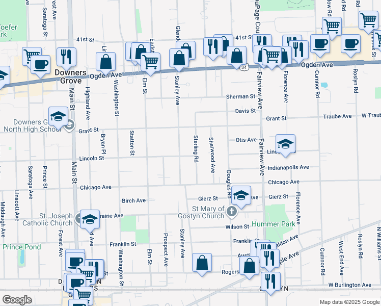 map of restaurants, bars, coffee shops, grocery stores, and more near 4605 Sterling Road in Downers Grove