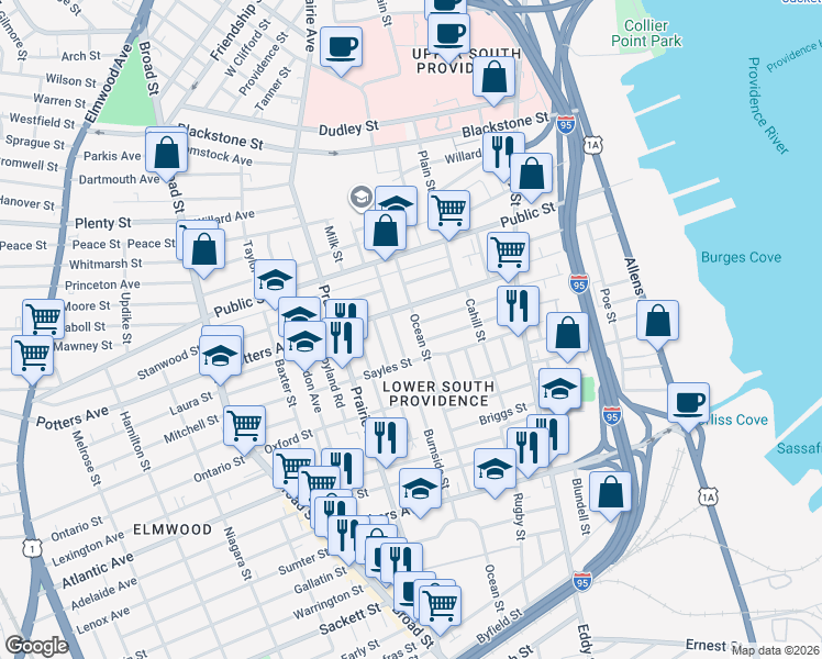 map of restaurants, bars, coffee shops, grocery stores, and more near 85 Burnside Street in Providence