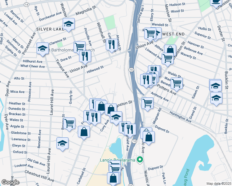 map of restaurants, bars, coffee shops, grocery stores, and more near 25 Lincoln Avenue in Cranston