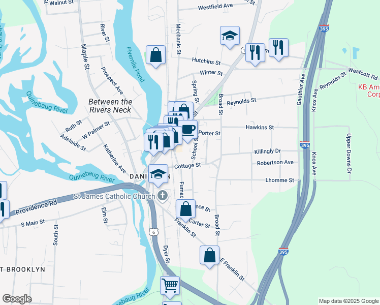 map of restaurants, bars, coffee shops, grocery stores, and more near 60 Cottage Street in Killingly