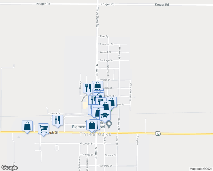 map of restaurants, bars, coffee shops, grocery stores, and more near 102 East Beech Street in Three Oaks