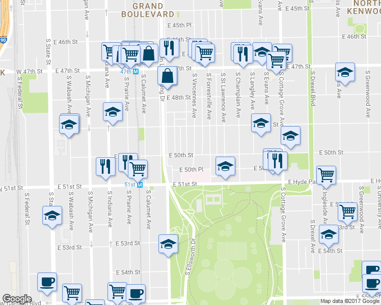 map of restaurants, bars, coffee shops, grocery stores, and more near 5013 South Vincennes Avenue in Chicago