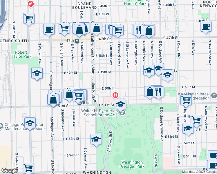 map of restaurants, bars, coffee shops, grocery stores, and more near 5013 South Vincennes Avenue in Chicago