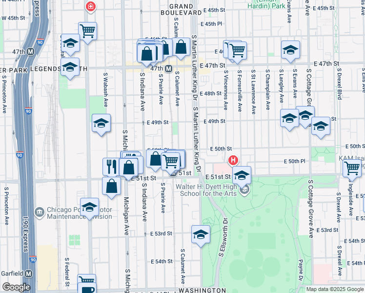 map of restaurants, bars, coffee shops, grocery stores, and more near 5010 South Calumet Avenue in Chicago