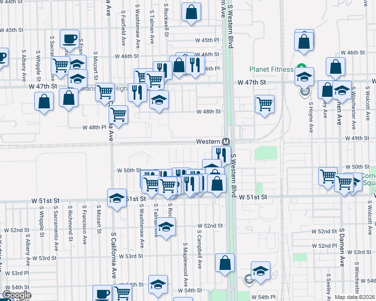 map of restaurants, bars, coffee shops, grocery stores, and more near 4940 South Campbell Avenue in Chicago