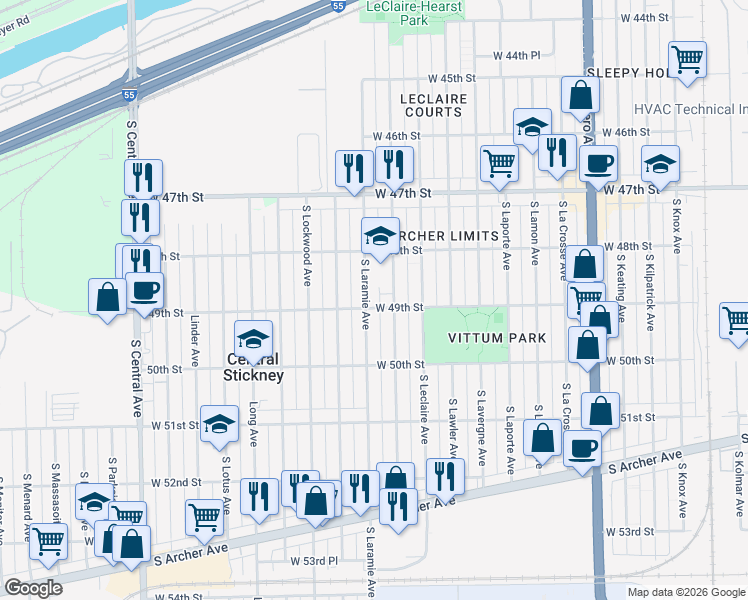 map of restaurants, bars, coffee shops, grocery stores, and more near 4904 South Laramie Avenue in Chicago