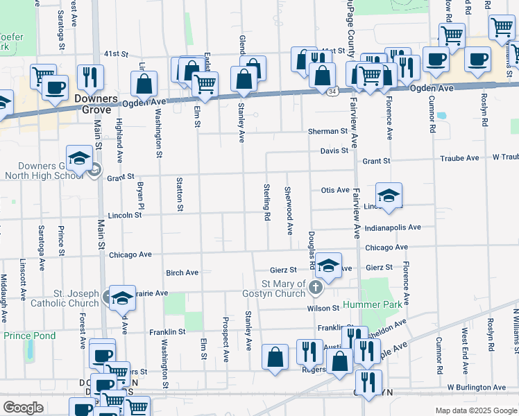 map of restaurants, bars, coffee shops, grocery stores, and more near 4605 Sterling Road in Downers Grove