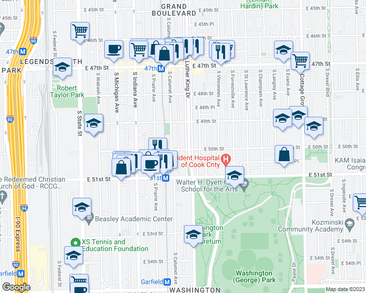 map of restaurants, bars, coffee shops, grocery stores, and more near 4956 South King Drive in Chicago
