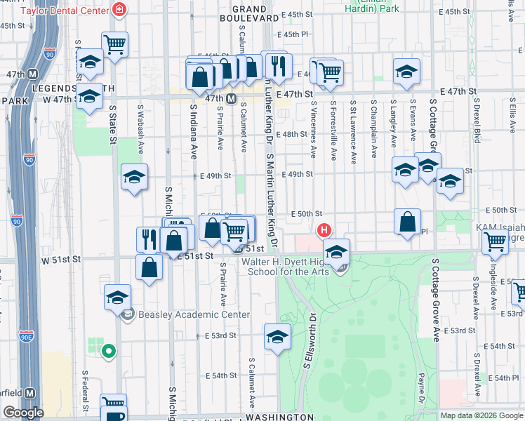 map of restaurants, bars, coffee shops, grocery stores, and more near 4958 South King Drive in Chicago