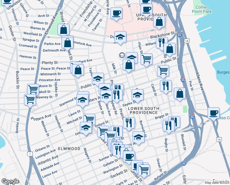 map of restaurants, bars, coffee shops, grocery stores, and more near 369 Prairie Avenue in Providence